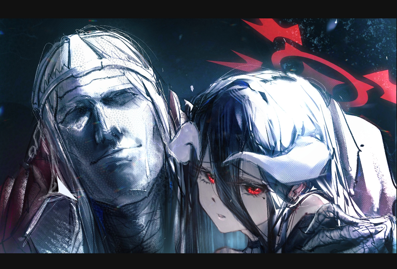 1boy 1girl black_hair blue_archive cancer.b0ss cloak crown demon_girl demon_horns hair_between_eyes hasumi_(blue_archive) horns long_bangs long_hair looking_at_viewer mask mole mole_under_eye phrenapates_(blue_archive) red_cloak sidelocks smile