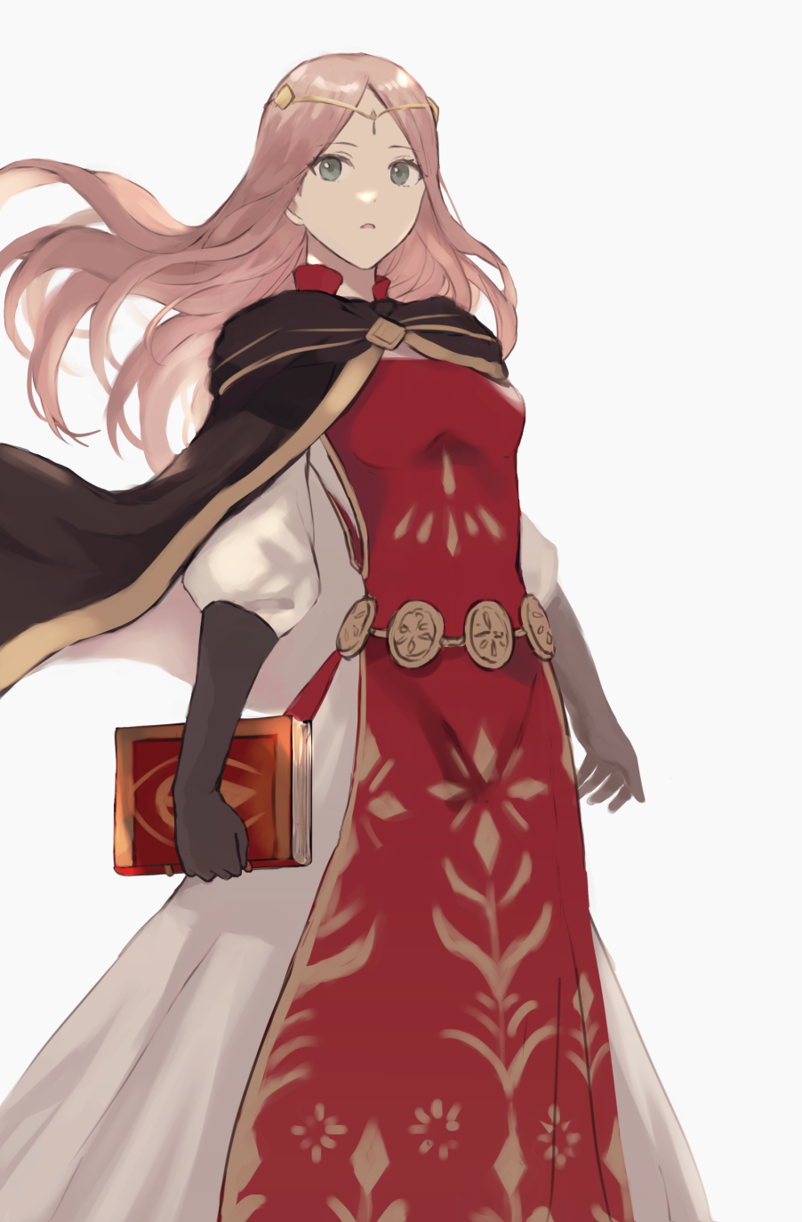 1girl book breasts brown_gloves cape dress frederica_aesfrost gloves highres holding holding_book long_dress long_hair pink_hair red_tabard simple_background small_breasts solo tabard triangle_strategy white_background white_dress wspread