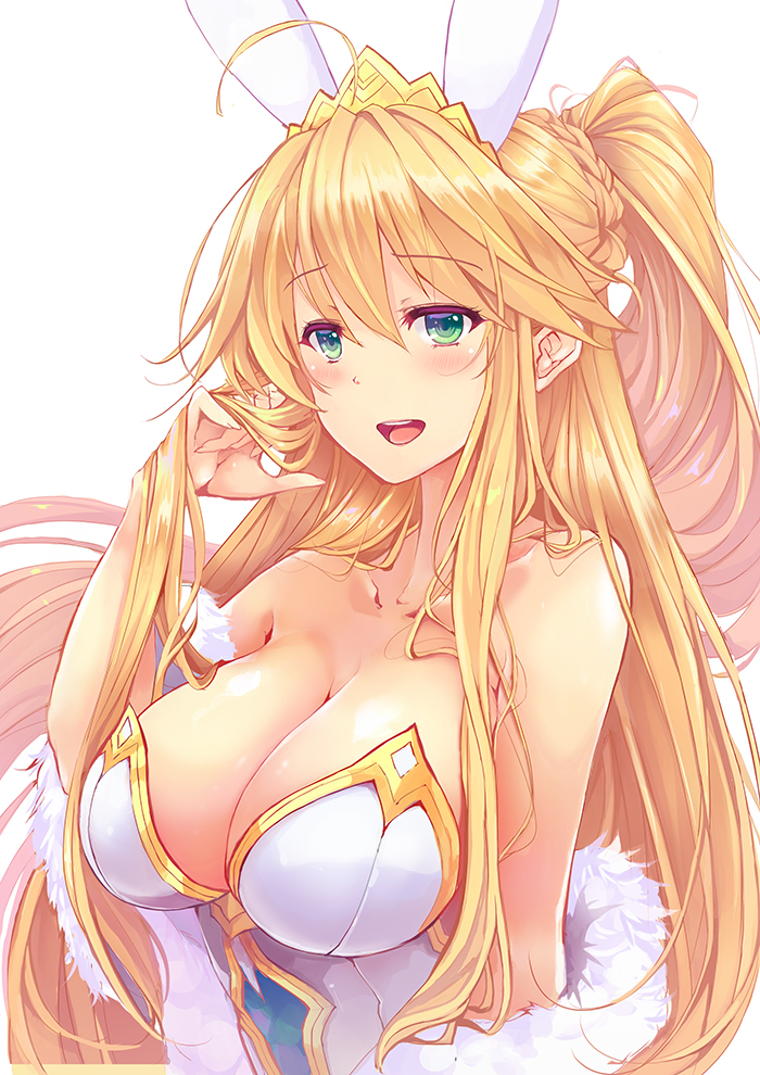 1girl ahoge animal_ears artoria_pendragon_(fate) artoria_pendragon_(swimsuit_ruler)_(fate) bare_shoulders blonde_hair blush braid breasts cleavage collarbone fake_animal_ears fate/grand_order fate_(series) feather_boa female_focus goushou green_eyes large_breasts leotard long_hair looking_at_viewer open_mouth playboy_bunny ponytail rabbit_ears sidelocks simple_background smile solo tiara white_background white_leotard