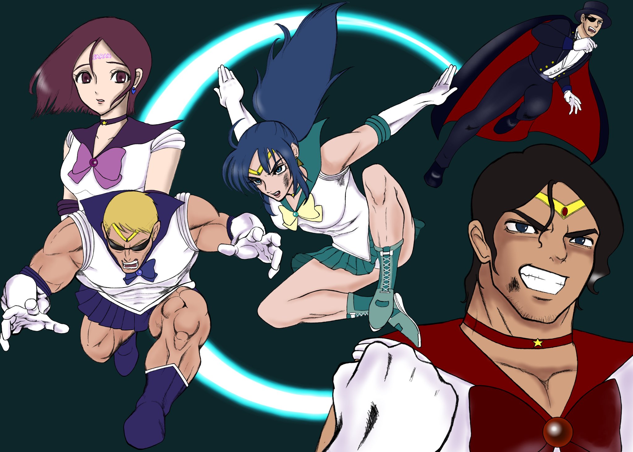 2girls 3boys bad_id bad_twitter_id bishoujo_senshi_sailor_moon blue_hair cape choker clark_still cosplay crossover eyepatch gloves heidern highres leona_heidern long_hair motukareeeee multiple_boys multiple_girls ponytail ralf_jones sailor_senshi_uniform snk the_king_of_fighters tuxedo tuxedo_kamen tuxedo_kamen_(cosplay) whip_(kof)