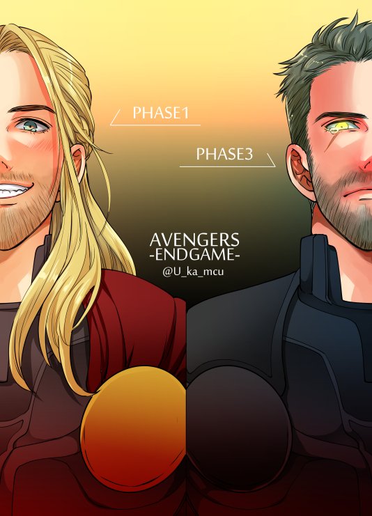 1boy armor artist_name avengers:_endgame avengers_(series) beard black_armor black_hair blonde_hair cape closed_mouth commentary_request copyright_name dual_persona english_text facial_hair gradient_background long_hair looking_at_viewer marvel marvel_cinematic_universe red_cape scar scar_across_eye scar_on_face short_hair simple_background smile tearing_up teeth the_avengers_(2012) thor_(marvel) u-ka_(fukei) upper_body yellow_background yellow_eyes