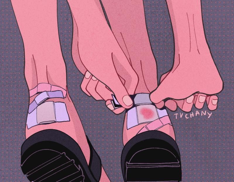 applying_bandaid artist_name bandages bandaid bandaid_on_foot bandaid_on_leg black_footwear blood bloody_bandages close-up colored_skin commentary feet film_grain foot_focus from_behind injury limited_palette myon_(tokipi) original pink_blood pink_skin polka_dot polka_dot_background purple_background purple_bandages sandals shoes signature simple_background solo symbol-only_commentary