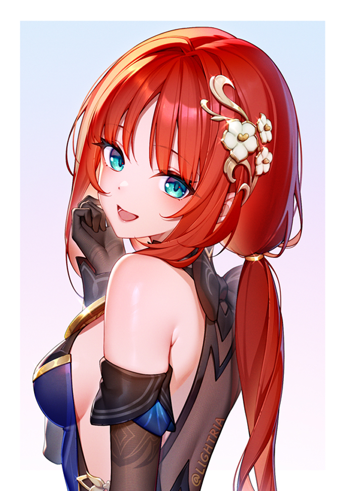 1girl :d aqua_eyes bare_shoulders black_gloves blue_dress breasts chinese_commentary commentary_request cosplay detached_sleeves dress ganyu_(genshin_impact) ganyu_(genshin_impact)_(cosplay) ganyu_(twilight_blossom)_(genshin_impact) genshin_impact gloves hair_intakes hair_ornament hand_up head_tilt lightria long_hair long_sleeves looking_at_viewer medium_breasts nilou_(genshin_impact) open_mouth red_hair sleeveless sleeveless_dress smile solo very_long_hair
