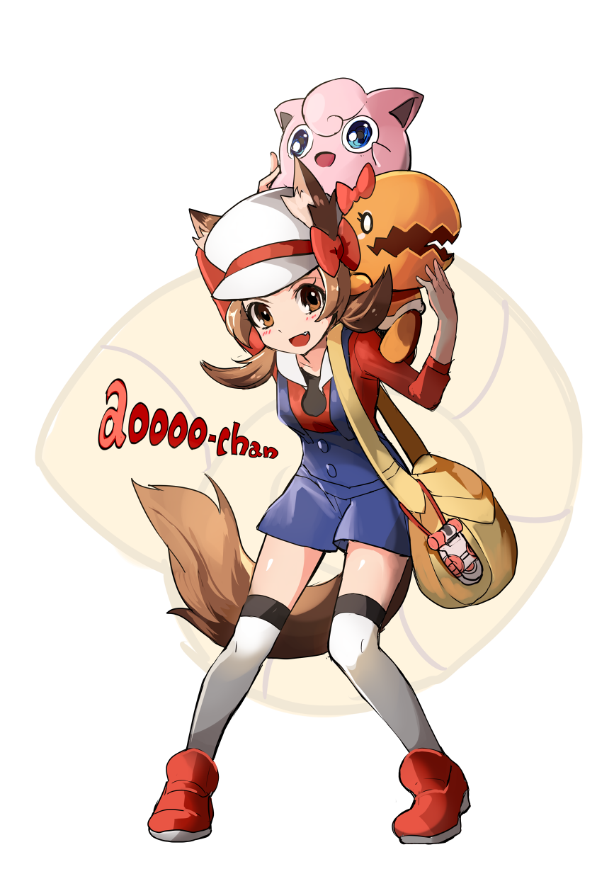 00s 1girl animal_ears bag blush bow brown_eyes brown_hair buttons character_name collarbone eyelashes fang game_freak gen_1_pokemon gen_3_pokemon hair_bow hat helix_fossil highres jigglypuff looking_at_viewer lyra_(pokemon) mizushirazu nintendo open_mouth pokemon pokemon_(creature) pokemon_hgss shadow shoes short_hair short_twintails sidelocks smile tail thighhighs trapinch twintails twitch_plays_pokemon wolf_ears wolf_tail zettai_ryouiki
