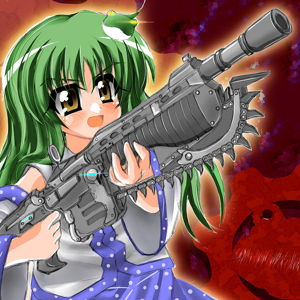 1girl chainsaw crimson_omen crossover detached_sleeves female_focus frog gears gears_of_war glowing glowing_eyes green_hair gun hair_ornament kochiya_sanae lancer_(gears_of_war) long_hair miwatari_renge parody rennge_sou solo touhou weapon yellow_eyes