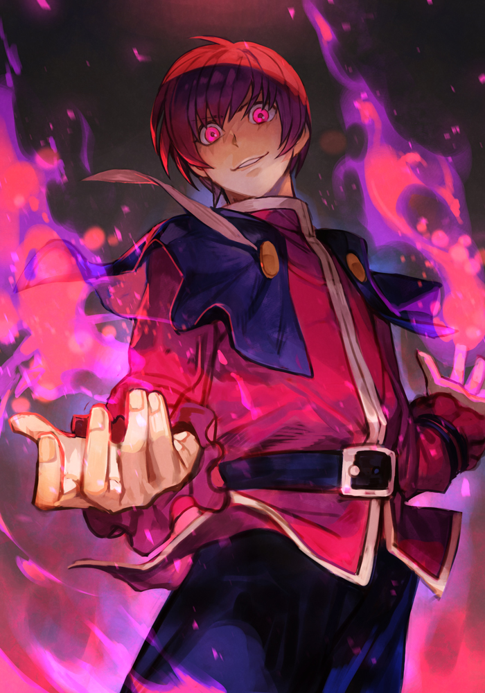 1boy aura belt black_background brown_hair chris_(kof) coat cowboy_shot dark_aura dark_persona evil_grin evil_smile fire foreshortening grin hungry_clicker long_sleeves looking_at_viewer looking_down official_alternate_costume pants purple_eyes purple_fire pyrokinesis smile the_king_of_fighters the_king_of_fighters_&#039;97 the_king_of_fighters_xv