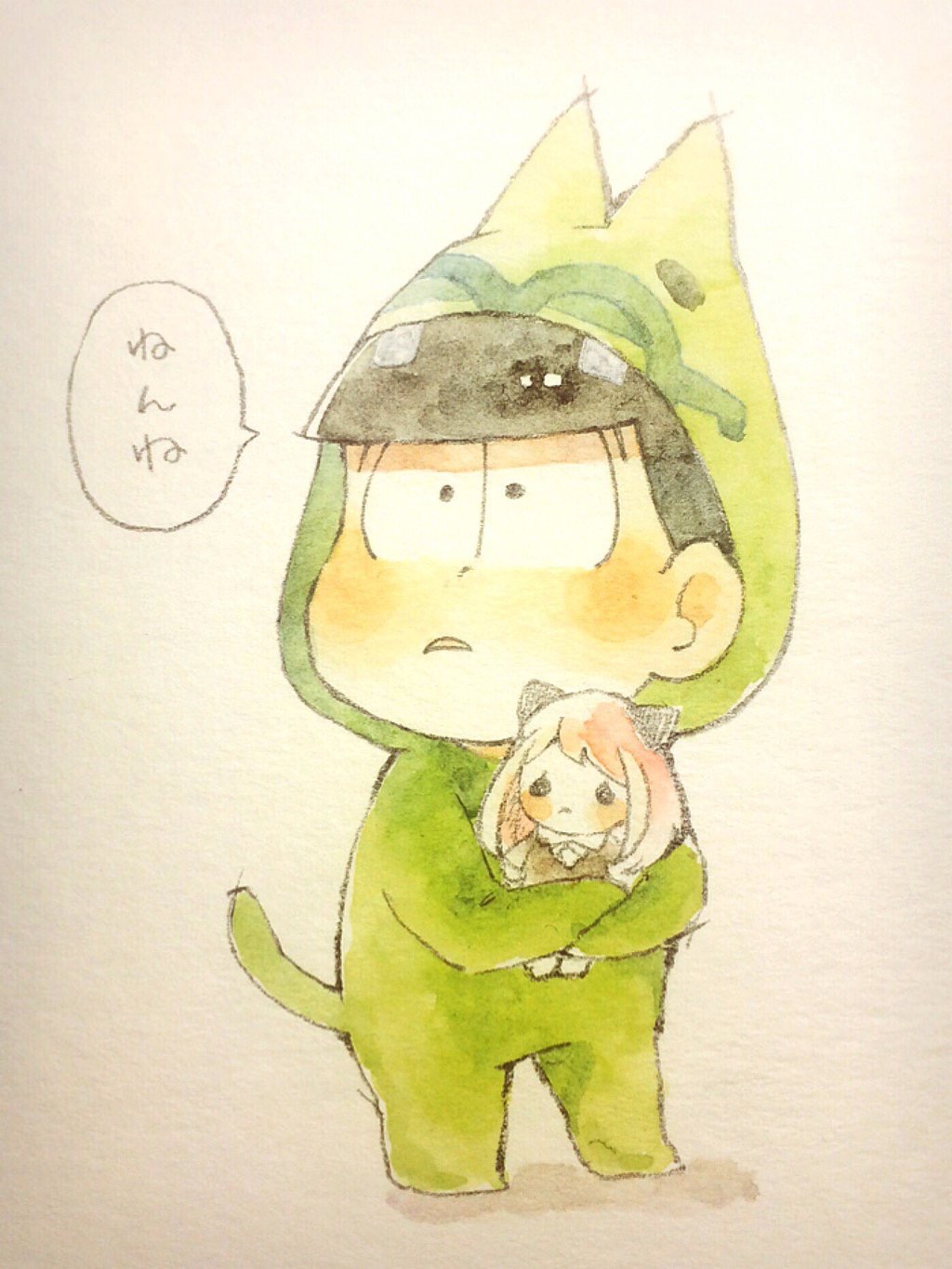 1boy animal_costume animal_ear_hood black_eyes blunt_bangs blush_stickers bodysuit brown_hair cat_costume character_doll chibi commentary_request cosplay doll dot_nose fake_animal_ears frown green_bodysuit hashimoto_nyaa highres holding holding_doll hood hood_up hooded_bodysuit kigurumi light_blush long_sleeves looking_at_viewer matsuno_choromatsu momiji_(lucario) osomatsu-san osomatsu_(series) painting_(medium) parted_lips photo_(medium) shadow short_hair speech_bubble standing traditional_media translation_request watercolor_(medium) wide-eyed