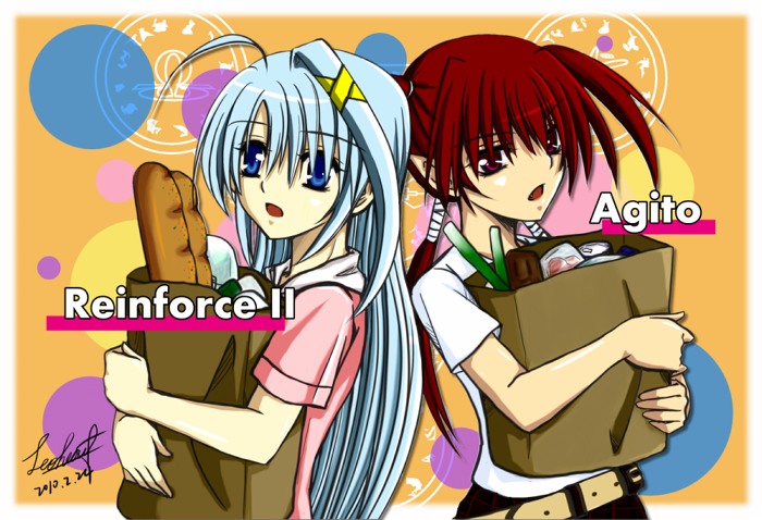 00s 10s 2girls agito agito_(nanoha) ahoge belt blue_eyes blue_hair carrying food hair_ornament leoheart lyrical_nanoha mahou_shoujo_lyrical_nanoha mahou_shoujo_lyrical_nanoha_strikers mahou_shoujo_lyrical_nanoha_vivid multiple_girls red_eyes red_hair reinforce_zwei spring_onion x_hair_ornament