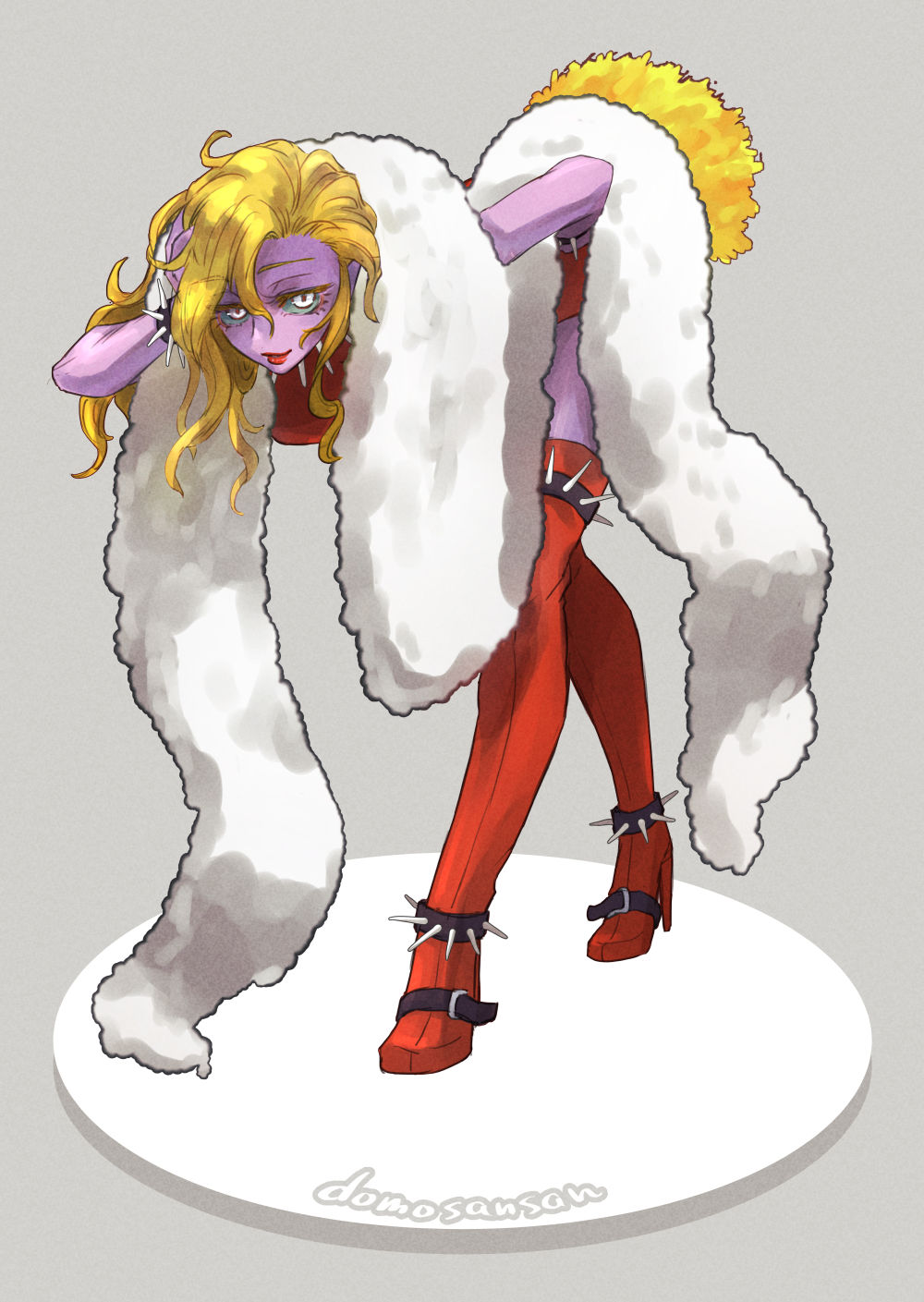 1girl aqua_sclera bent_over blonde_hair bodyconian boots bracelet colored_sclera colored_skin demon_(megami_tensei) dress eyelashes feather_boa full_body grey_background hand_on_own_head hand_on_own_hip high_heel_boots high_heels highres jewelry long_hair parted_lips purple_skin red_boots red_dress red_lips shin_megami_tensei shinabita_nasubi short_dress smile solo spiked_anklet spiked_bracelet spiked_thighlet spikes thighhighs white_eyes zettai_ryouiki