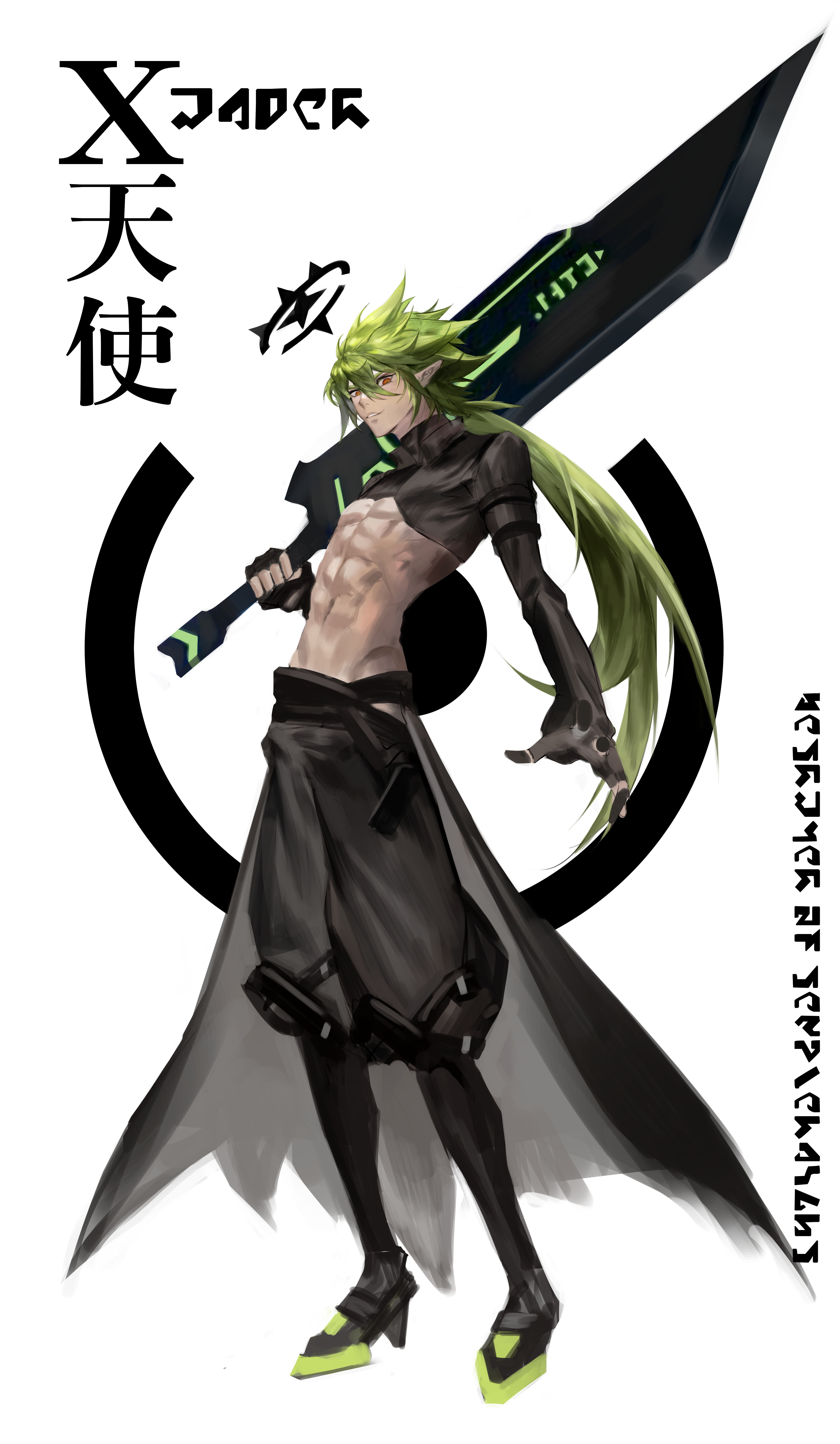 1boy abs absurdres angel aotu_world belt black_belt black_boots black_cape black_gloves black_jacket black_pants black_shirt boots cape character_name chinese_commentary chinese_text crop_top cropped_jacket fingerless_gloves full_body gloves greatsword green_hair groin halo highres holding holding_sword holding_weapon huge_weapon jacket long_hair looking_at_viewer low_ponytail male_focus navel over_shoulder pants ponytail red_eyes shirt simple_background solo standing stomach sword sword_over_shoulder underpec very_long_hair waist_cape waterrice11 weapon weapon_over_shoulder white_background xander_(aotu_world)