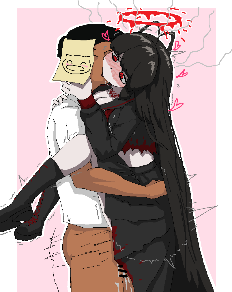 1boy 1girl arms_around_neck bar_censor black_boots black_hair blue_archive blush boots bottomless breasts canned_juan censored clothed_sex commentary cum english_commentary halo hetero large_breasts leg_lock lifting_person long_hair long_sleeves microsoft_paint_(medium) midriff paper_on_head red_halo sensei_(blue_archive) sex shirt skirt suspended_congress torn_clothes tsurugi_(blue_archive) very_long_hair white_shirt
