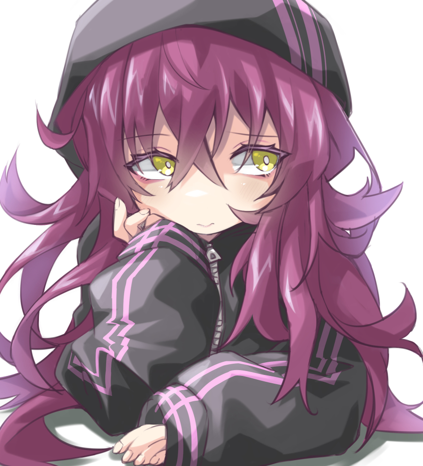 1girl foxxre green_eyes hand_on_own_chin head_rest hood hood_up long_hair long_sleeves looking_away messy_hair mouri_toushirou_(tenka_hyakken) purple_hair purple_track_suit purple_trim raised_eyebrows sidelocks sleeves_past_wrists sweatdrop tenka_hyakken white_background zipper