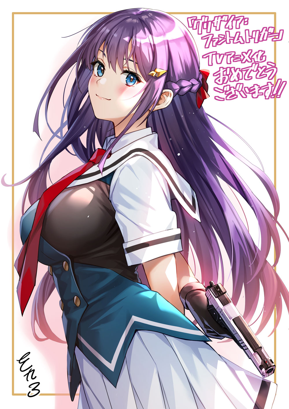1girl black_gloves blue_eyes braid breasts closed_mouth commentary_request from_side fukami_rena gloves grisaia_(series) grisaia_phantom_trigger gun hair_ornament hairclip half_up_braid handgun highres holding holding_gun holding_weapon large_breasts long_hair looking_at_viewer necktie official_art pleated_skirt purple_hair red_necktie sankuro_(agoitei) signature simple_background skirt smile solo weapon white_skirt