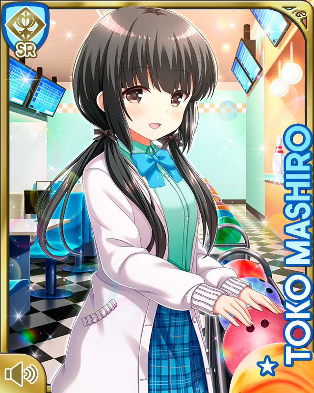 1girl ball black_bow black_hair black_legwear blue_bow blue_skirt bow bowling bowling_alley bowling_ball bowtie card_(medium) cardigan character_name day dress_shirt dress_shoes girlfriend_(kari) grey_eyes hair_ribbon indoors jacket mashiro_toko official_art open_mouth plaid_clothes plaid_skirt qp:flapper ribbon school_uniform shirt skirt smile standing tagme white_jacket white_shirt