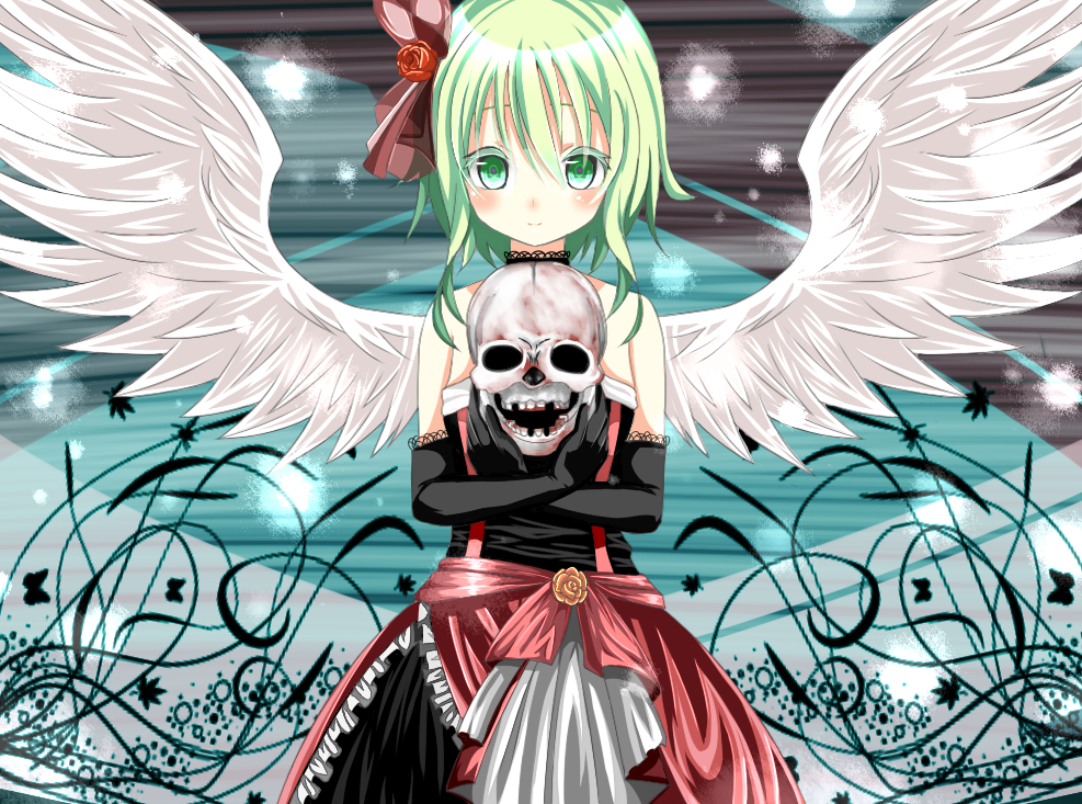 1girl 2000s_(style) angel angel_wings black_dress black_gloves blush chikuwa_savy closed_mouth cowboy_shot dress elbow_gloves feathered_wings flower gloves green_eyes green_hair gumi hair_between_eyes hair_ribbon holding holding_skull lace lace-trimmed_gloves lace_trim looking_at_viewer red_flower red_ribbon red_rose ribbon rose short_hair skull smile solo standing straight-on strapless strapless_dress vocaloid white_wings wings