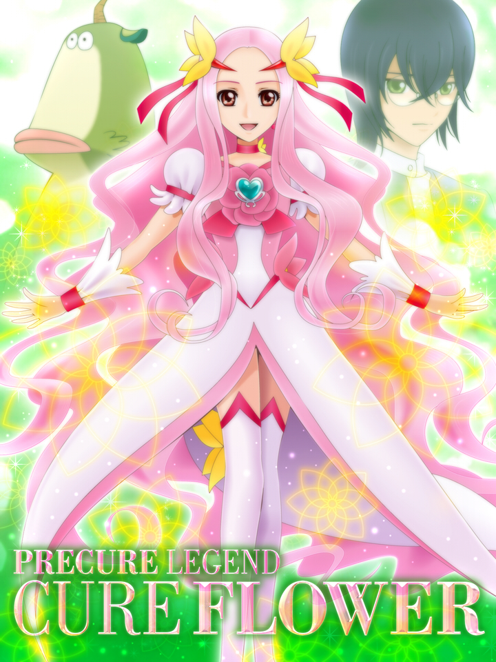 10s black_hair brooch character_name choker coupe_(heartcatch_precure!) creature cure_flower dress flower glasses green_eyes hair_flower hair_ornament hanasaki_kaoruko hanasaki_sora heart heartcatch_precure! horns jewelry long_hair magical_girl pink_eyes pink_hair precure red_eyes ribbon sekken_kasu_barrier single_horn smile thighhighs very_long_hair wrist_cuffs