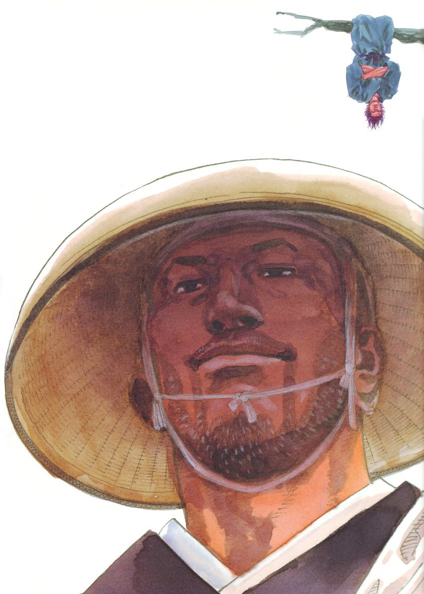 2boys beard facial_hair hat inoue_takehiko male_focus miyamoto_musashi monk multiple_boys scan straw_hat takuan_soho traditional_media upside-down vagabond
