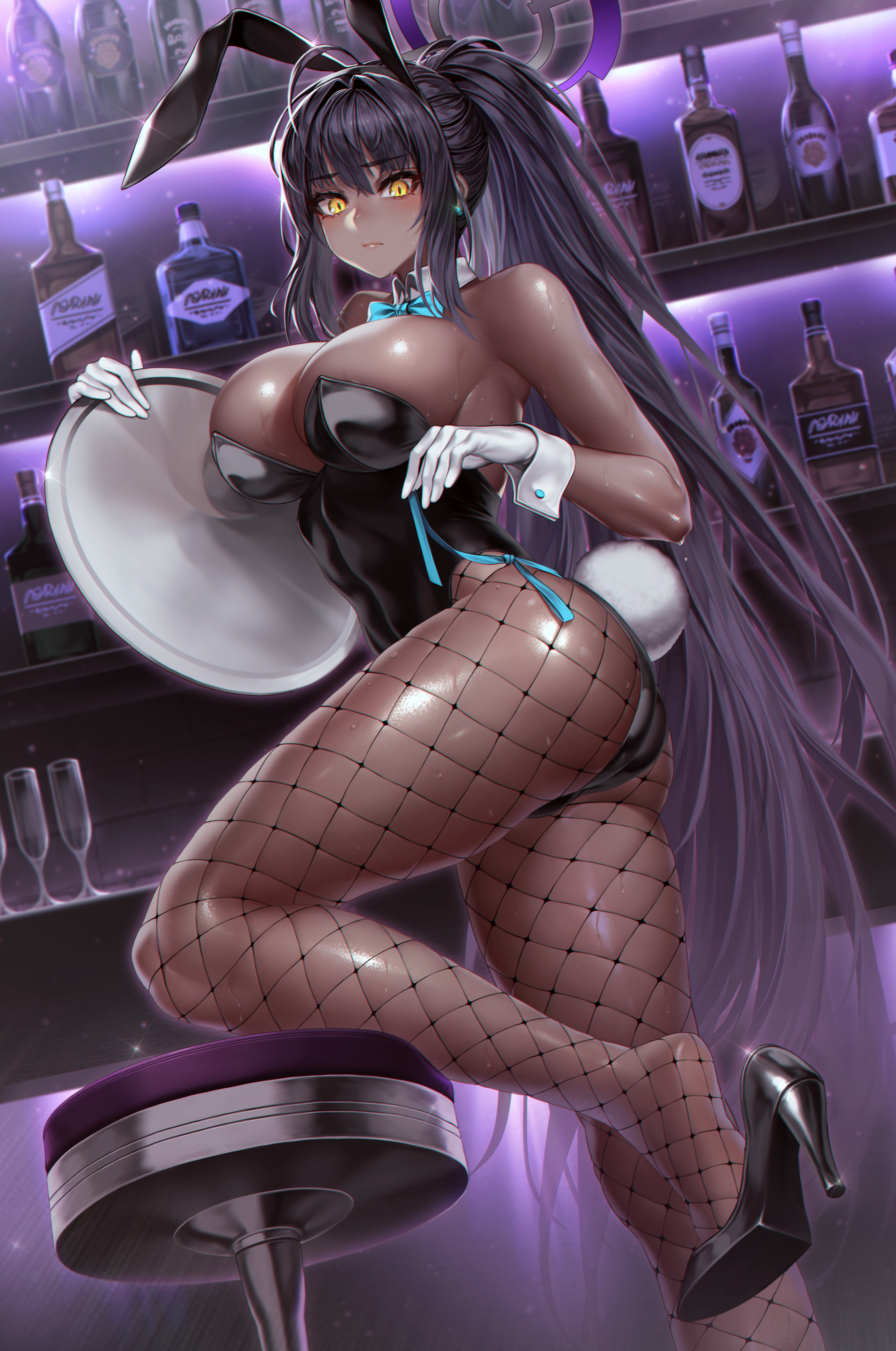 1girl absurdres ahoge animal_ears armpits ass bare_arms bare_shoulders black_hair black_leotard blue_archive bow bowtie breasts cleavage dark-skinned_female dark_skin detached_collar fake_animal_ears fake_tail fishnet_pantyhose fishnets foot_out_of_frame gloves halo high_heels highleg highleg_leotard highres holding huge_ass karin_(blue_archive) karin_(bunny)_(blue_archive) large_breasts leotard long_hair looking_at_viewer pantyhose playboy_bunny ponytail rabbit_ears rabbit_tail shiny_clothes shiny_skin shoe_dangle solo standing strapless strapless_leotard sweat tail thighs thong_leotard traditional_bowtie tray twisted_torso vana very_long_hair white_gloves wide_hips wrist_cuffs yellow_eyes