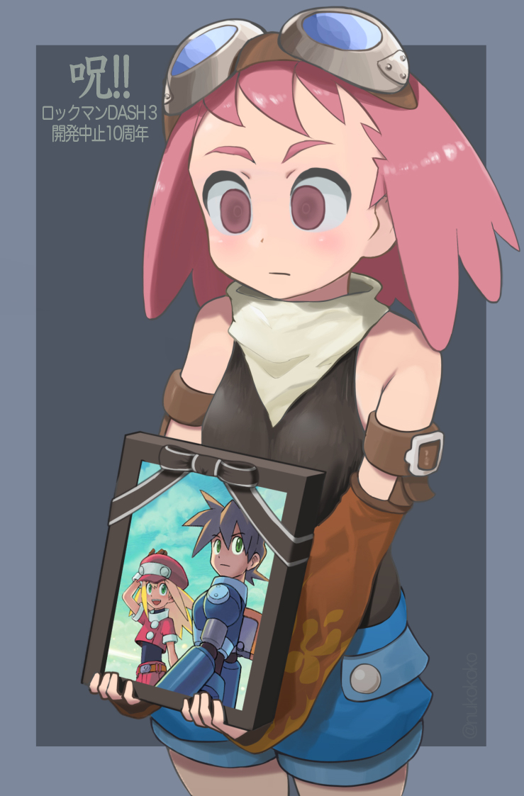 1girl aero_(mega_man) closed_mouth copyright_name detached_sleeves drawing_(object) empty_eyes goggles goggles_on_head holding holding_drawing long_hair mega_man_(series) mega_man_legends_(series) mega_man_legends_3 mega_man_volnutt nukokoko outside_border pink_eyes pink_hair roll_caskett_(mega_man) shorts solo