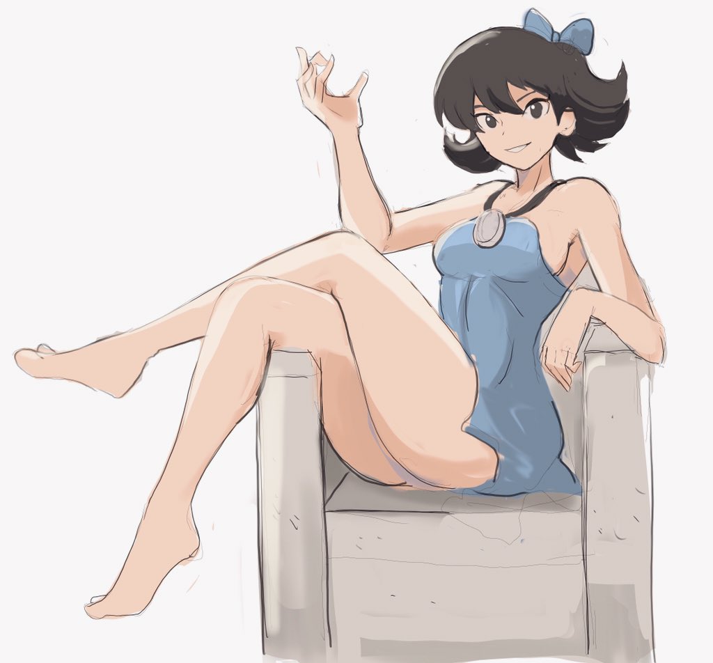 1girl ass bare_arms bare_legs bare_shoulders barefoot betty_rubble black_hair blue_bow blue_dress bow breasts chair crossed_legs dress full_body hair_bow legs looking_at_viewer medium_breasts microdress no_bra rakeemspoon ribbon short_hair simple_background sitting sleeveless sleeveless_dress smile solo the_flintstones white_background