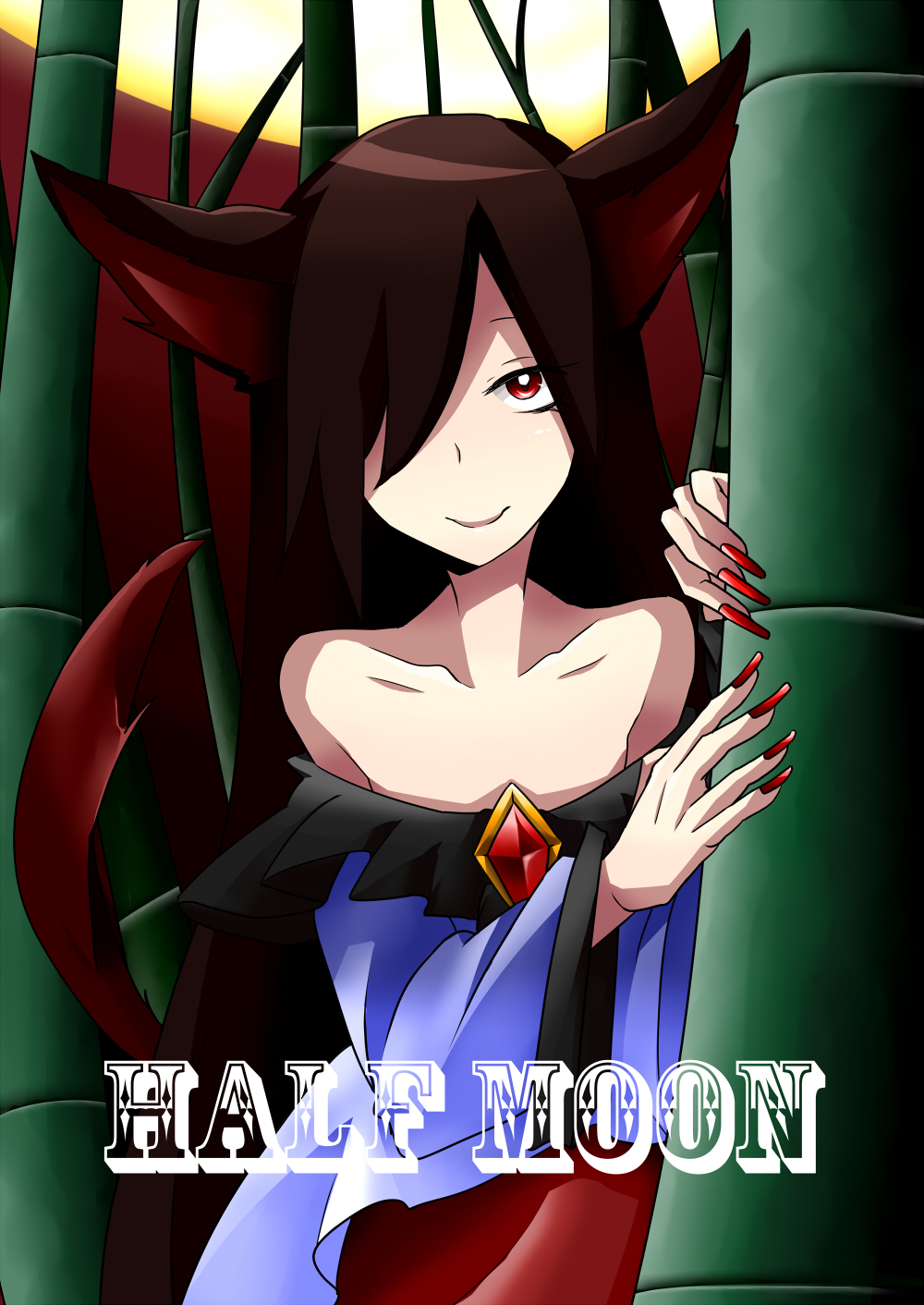 1girl animal_ears bamboo bare_shoulders brooch cover female_focus fingernails highres imaizumi_kagerou jewelry long_fingernails moon one_eye_covered rui_(hershe) smile solo tail touhou