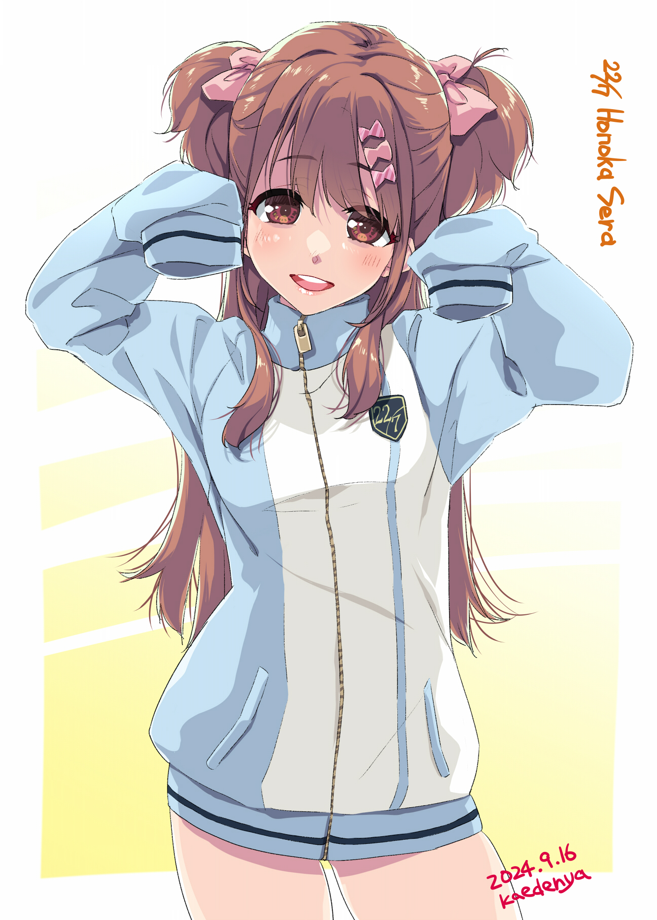 1girl 22/7 artist_name border bow brown_eyes brown_hair character_name cowboy_shot dated emblem gradient_background group_name hair_bow hair_ornament highres jacket kisairo_kaede long_hair looking_at_viewer open_mouth outside_border pink_bow sera_honoka sleeves_past_fingers sleeves_past_wrists smile solo standing teeth track_jacket two_side_up upper_teeth_only white_border yellow_background