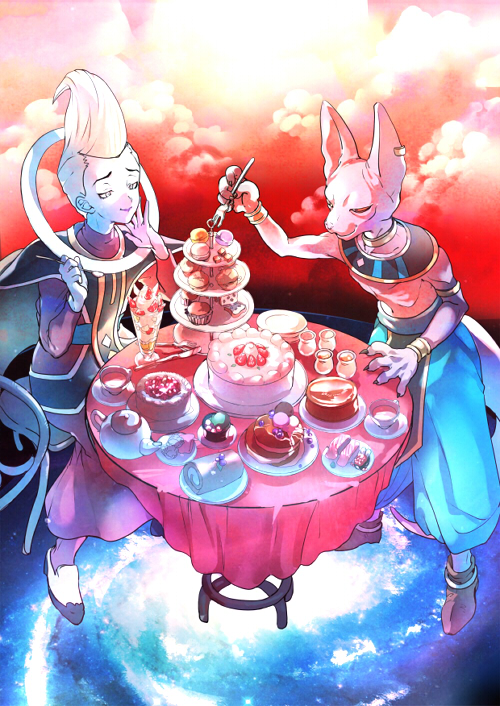 2boys bad_id bad_pixiv_id beerus blue_skin bracelet cake colored_skin dragon_ball dragon_ball_z_kami_to_kami dragonball_z food fork god_of_destruction_beerus green_skin hakaishin_bills jewelry konbu_wakame lots_of_jewelry male_focus multiple_boys purple_skin sitting table teapot tiered_tray whis