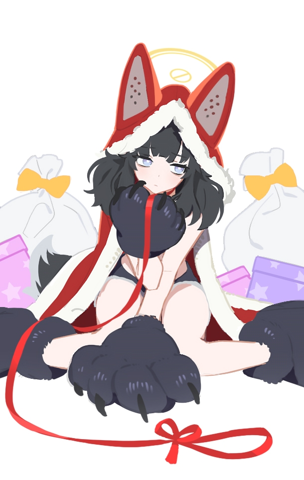 1girl animal_costume animal_ears animal_hands bell black_hair blue_archive blush box cat_paws christmas concept_art dog_ears dog_tail fake_animal_ears fur_trim gift gift_box gloves hibiki_(blue_archive) leash long_hair looking_at_viewer looking_to_the_side medium_hair mimitoke neck_bell paw_gloves paw_shoes purple_eyes sack shoes shorts simple_background sitting solo standing tail white_background