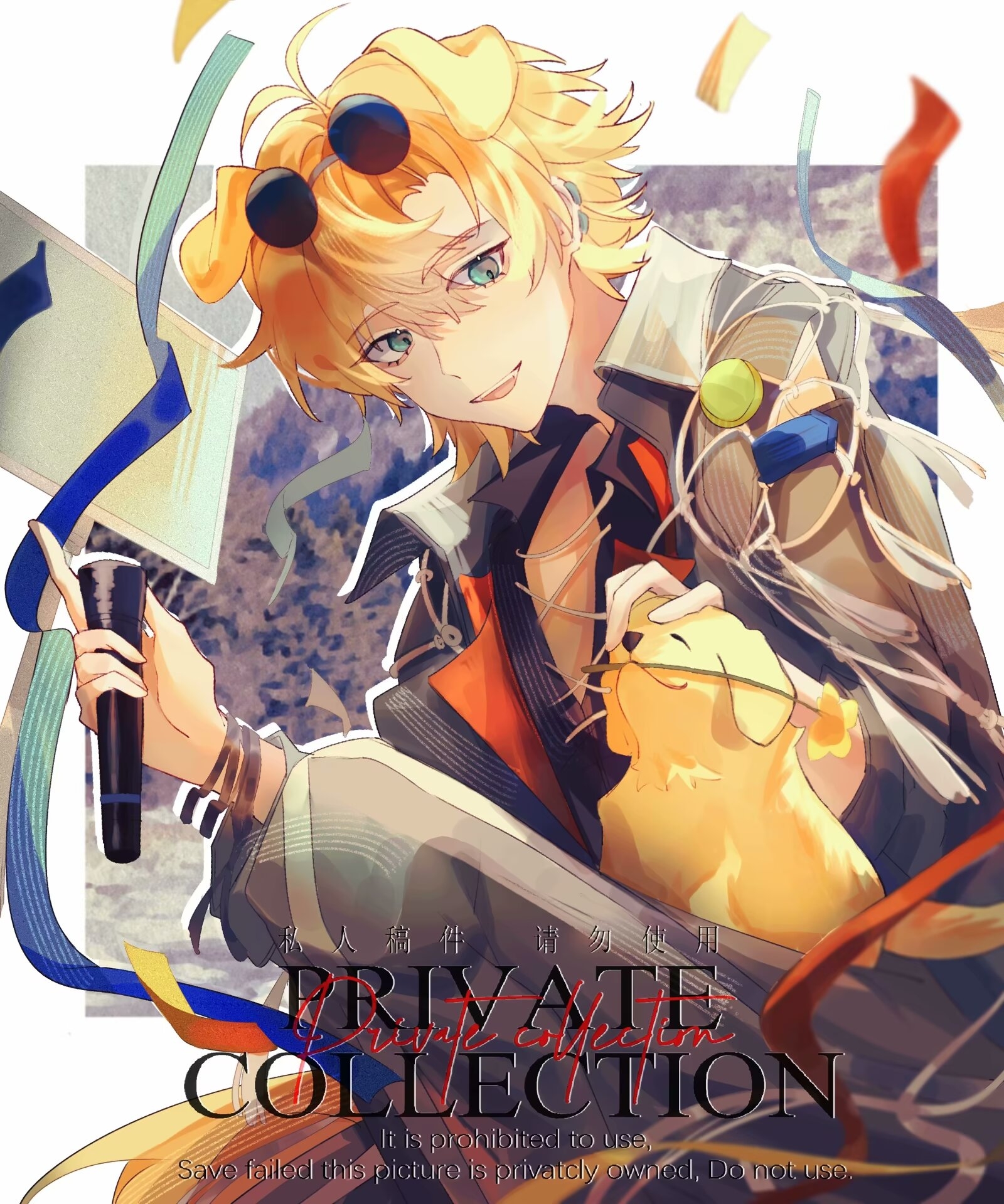 1boy ahoge animal animal_ears arknights bandaged_wrist bandages black_bandages black_shirt blonde_hair blue_eyes blue_shirt chinese_commentary commentary_request confetti dog dog_boy dog_ears dog_nose dog_tail ear_piercing earrings flower grey_pants hair_between_eyes hand_on_animal hand_up highres holding holding_flower holding_microphone jewelry knee_up looking_at_animal male_focus messy_hair microphone open_mouth pants piercing qianheyian screen shirt sitting tail teeth tequila_(arknights) tequila_(top_tier_live)_(arknights) thick_eyebrows tongue watermark white_background white_string