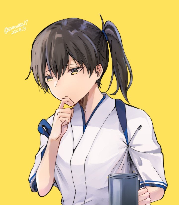 1girl black_hair closed_mouth commentary_request cup dated hair_between_eyes hand_on_own_chin holding holding_cup japanese_clothes kaga_(kancolle) kantai_collection mug ponytail samonasu17 side_ponytail simple_background solo tasuki twitter_username upper_body yellow_background