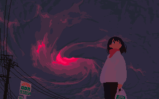1girl animated animated_gif bag black_eyes black_hair black_pants blinking cloud cloudy_sky coat commentary_request grocery_bag long_sleeves looping_animation lowres medium_hair original otnweo outdoors pants pixel_art power_lines red_scarf scarf shopping_bag sign sky solo standing utility_pole vortex white_coat wide_shot
