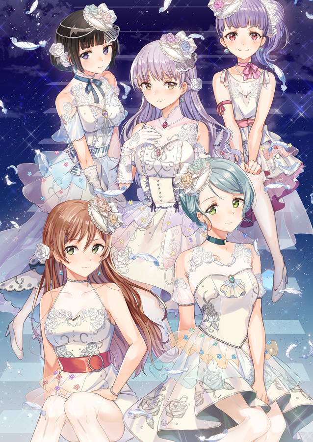 5girls alternate_hairstyle aqua_hair bang_dream! black_hair black_neckwear blue_flower blue_rose bracelet brooch brown_eyes brown_hair choker commentary detached_sleeves dress earrings english_commentary feathers flower gloves green_eyes grey_choker grey_eyes grey_hair hair_bun hair_flower hair_ornament hair_up hand_on_own_chest hands_on_own_knee head_chain high_heels hikawa_sayo imai_lisa jewelry lace long_hair looking_at_viewer minato_yukina multiple_girls neck_ribbon necklace pearl_bracelet pearl_necklace piano_print pink_choker pink_flower pink_ribbon pink_rose purple_eyes purple_flower purple_hair purple_rose red_eyes red_ribbon ribbon ribbon_choker rose roselia_(bang_dream!) sash see-through_clothes see-through_sleeves shirokane_rinko shoulder_ribbon side_ponytail single_hair_bun sitting sleeveless smile sparkle stairs tiny_(tini3030) udagawa_ako white_dress white_feathers white_flower white_footwear white_gloves white_legwear white_rose