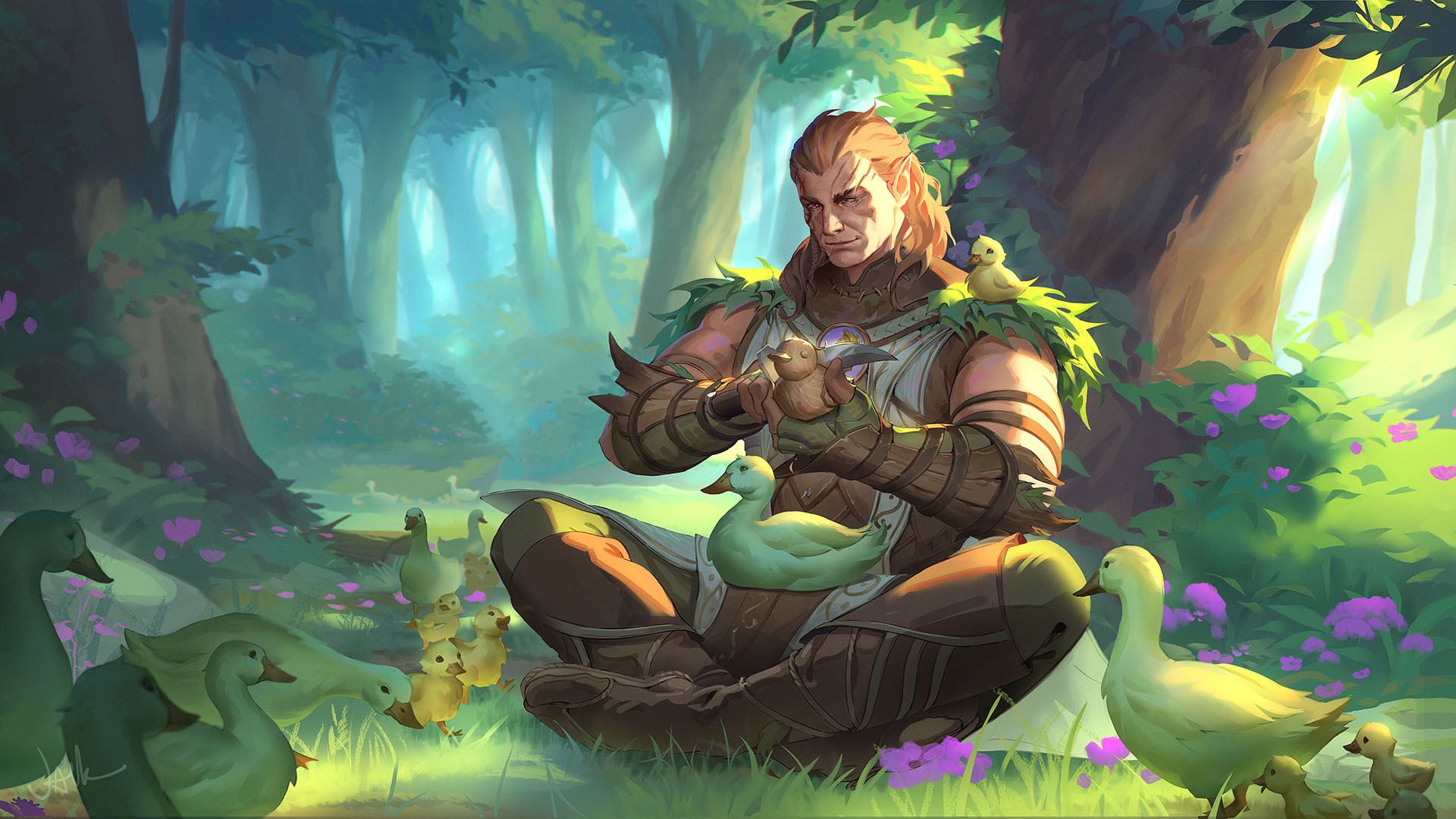 1boy animal animal_on_shoulder baldur's_gate baldur's_gate_3 bird bird_on_lap bird_on_shoulder boots brown_boots brown_hair brown_vest bush carving chick collared_vest commentary day duck dungeons_&_dragons dungeons_&_dragons elf english_commentary facial_tattoo figure forest from_side full_body green_pants halsin highres holding holding_knife indian_style jacknguyenart knee_boots knife male_focus mature_male medium_hair nature on_grass outdoors pants pointy_ears scar scar_on_face scenery signature sitting smile solo sunlight tattoo tree vest wood_carving_knife wood_carving_tool