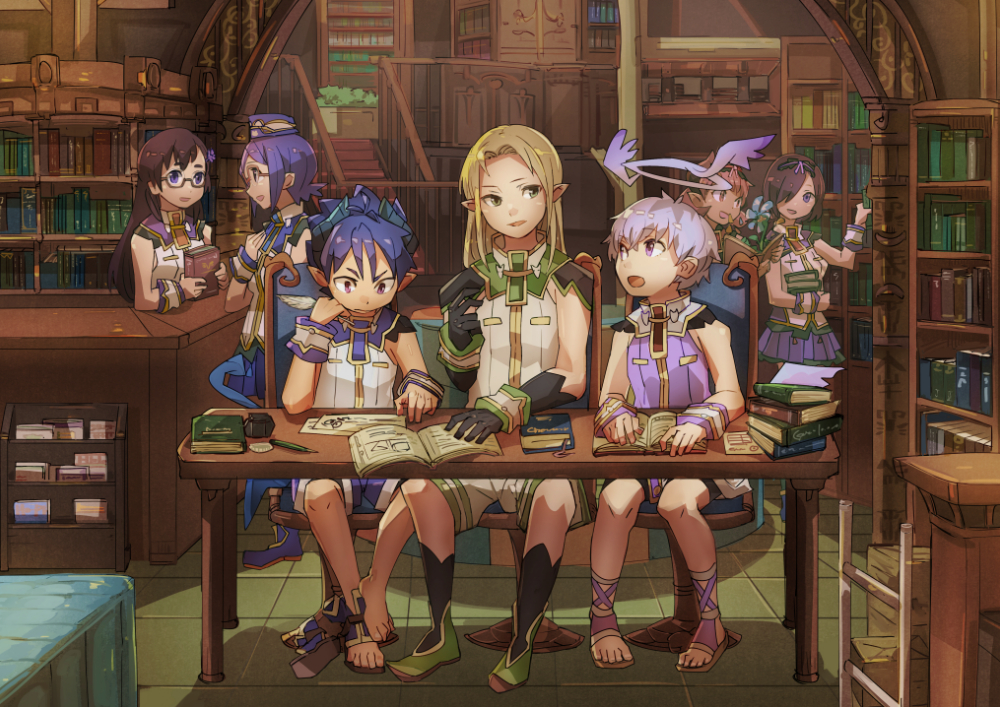 3boys 4girls angel angel_wings blonde_hair blue_hair blush book dark_skin demon_boy demon_girl demon_tail demon_wings elf erik_burton full_body geetgeet glasses gold_trim green_eyes hair_over_one_eye hairband halo hat horns library long_hair low_wings luke_venus male_focus mary_lane mini_wings monica_grace multiple_boys multiple_girls open_mouth pink_hair pointy_ears pop-up_story purple_eyes purple_hair revia_serge school_uniform semi-rimless_eyewear short_hair silver_hair smile studying tail ursula_raiment wings ziz_glover
