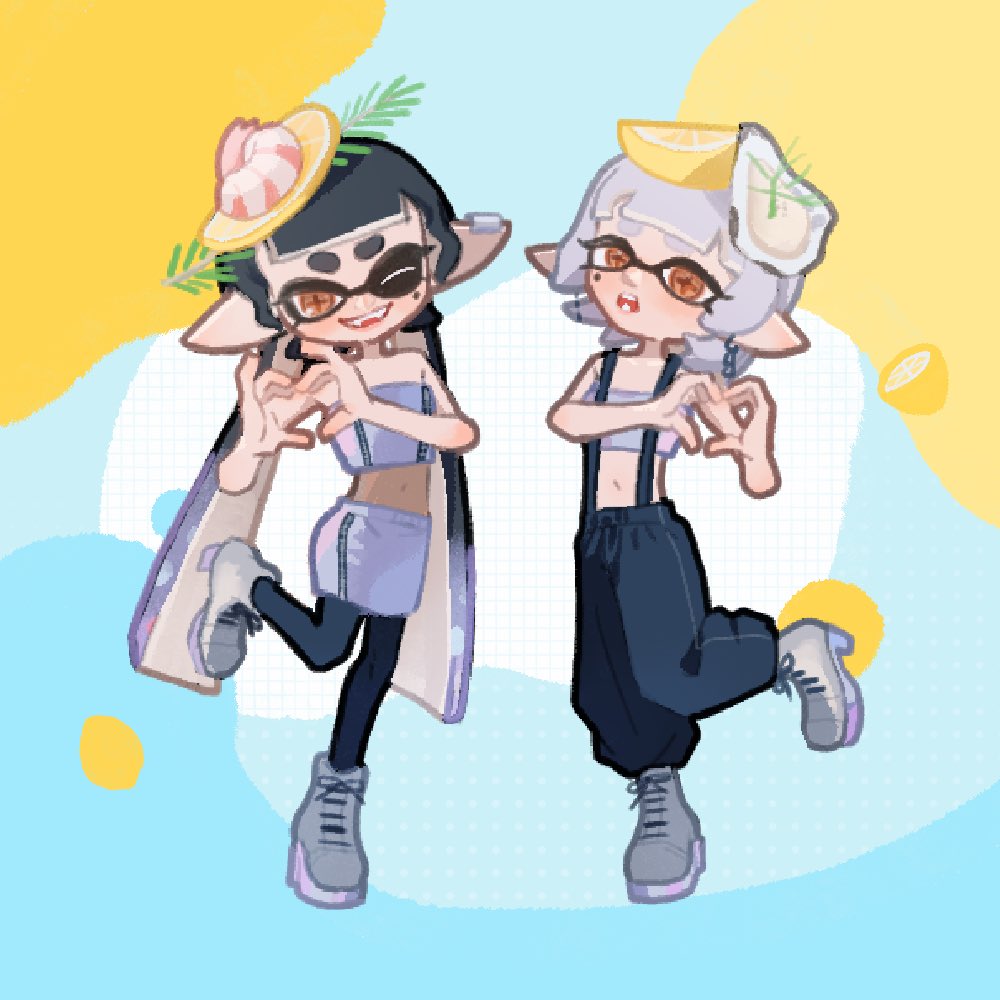 2girls alternate_hairstyle baggy_pants black_hair blue_background blunt_bangs boots callie_(splatoon) callie_(summer_nights)_(splatoon) ear_piercing facing_viewer fangs food fruit full_body grey_hair heart heart_hands lemon lemon_slice long_hair looking_at_viewer marie_(splatoon) marie_(summer_nights)_(splatoon) mole mole_under_eye multiple_girls navel nintendo official_alternate_costume one_eye_closed open_mouth orange_eyes oyster pants piercing pointy_ears shrimp skirt smile splatoon_(series) splatoon_3 standing standing_on_one_leg strapless suspenders tentacle_hair tube_top