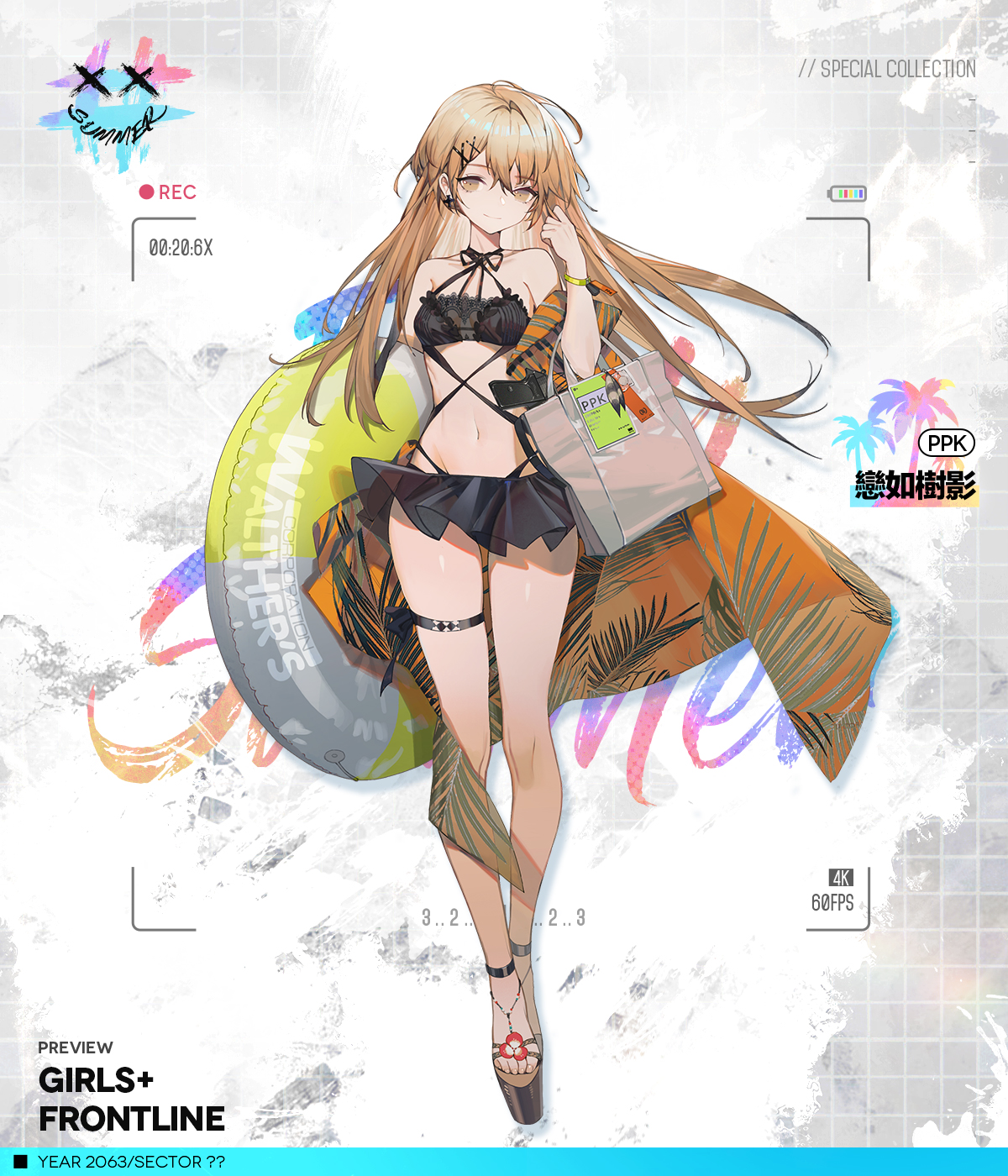 1girl bag bare_shoulders barefoot_sandals_(jewelry) bikini black_bikini breasts brown_bag brown_eyes camera_phone character_name closed_mouth collarbone commentary commentary_request copyright_name cross cross_earrings earrings elbow_carry english_commentary floor girls'_frontline gun highres holding holding_bag holding_swim_ring huanxiang_heitu innertube jewelry legs lifebuoy light_brown_hair long_hair looking_at_viewer navel official_alternate_costume official_art platform_sandals ppk_(foliage_romance)_(girls'_frontline) ppk_(girls'_frontline) sandals simple_background small_breasts smile solo standing summer swim_ring swimsuit thigh_strap viewfinder weapon