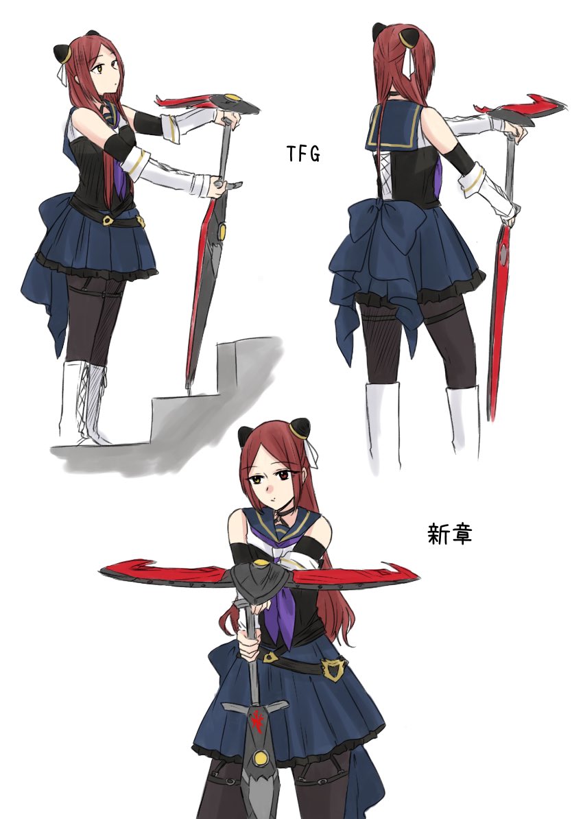 1girl assault_lily bare_shoulders black_shirt blue_sailor_collar blue_skirt boots brown_pantyhose closed_mouth commentary_request cow cropped_legs detached_sleeves facing_away feet_out_of_frame from_behind from_side full_body hairpods hands_up heterochromia holding holding_sword holding_weapon knee_boots layered_sleeves long_hair long_sleeves looking_ahead miniskirt multiple_views neckerchief nigari_(ngari_0115) odaiba_girls_high_school_uniform pantyhose parted_bangs planted planted_sword planted_weapon pleated_skirt purple_neckerchief red_eyes red_hair sailor_collar school_uniform serafuku shiba_tomoshibi shirt simple_background skirt sleeveless sleeveless_shirt stairs standing sword thigh_strap translated two-tone_shirt waist_cape weapon white_background white_boots white_shirt yellow_eyes