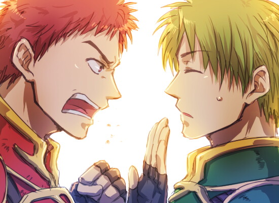2boys commentary_request face-to-face fingerless_gloves fire_emblem fire_emblem:_path_of_radiance gloves green_hair itsuki_(nightlight) kieran_(fire_emblem) male_focus multiple_boys nintendo open_mouth oscar_(fire_emblem) profile red_eyes red_hair short_hair