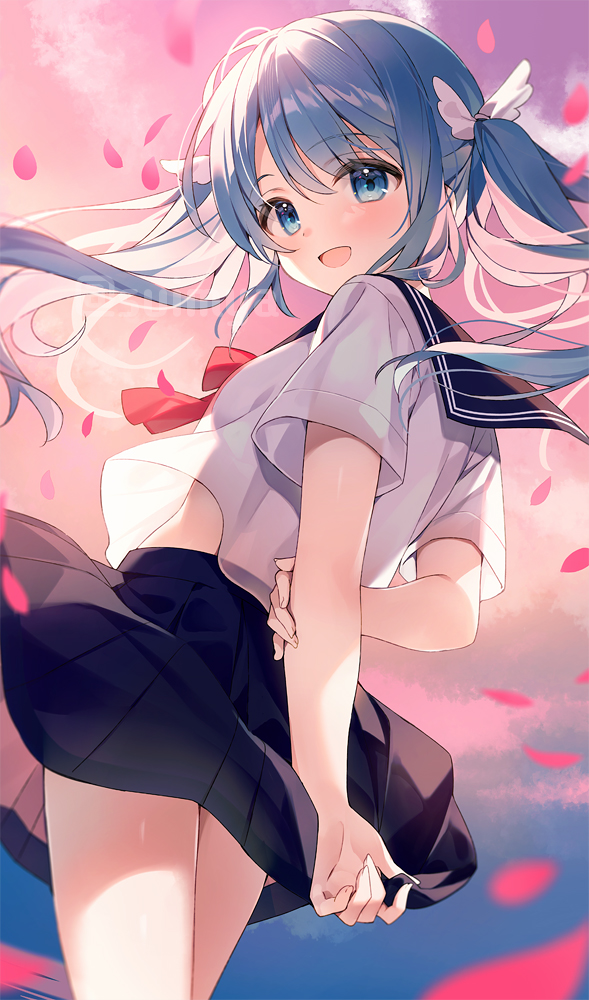 1girl :d arms_behind_back black_skirt blue_eyes blue_hair dot_nose feet_out_of_frame light_blush long_hair looking_at_viewer looking_back looking_down miniskirt open_mouth original outdoors pink_sky school_uniform serafuku sesera_(suimya) shirt short_sleeves skirt sky smile solo stomach suimya t-shirt thighs white_shirt