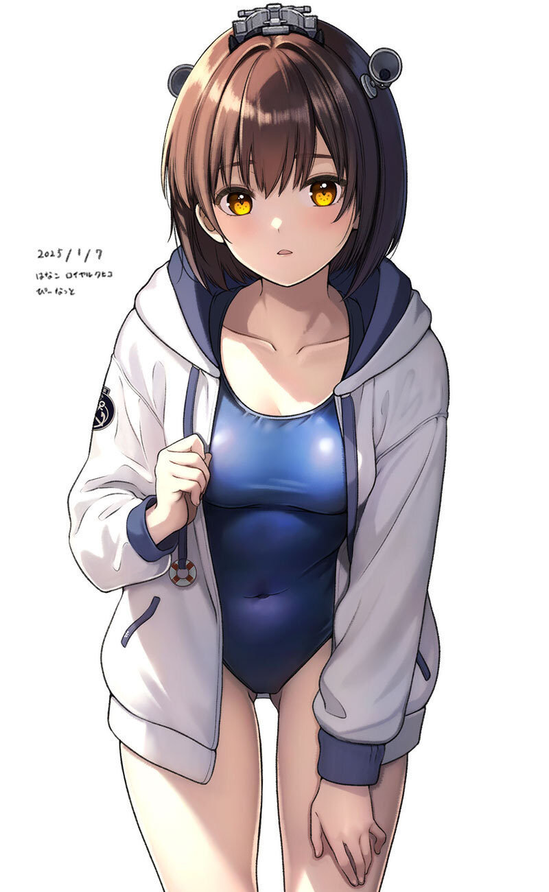 1girl :o blue_one-piece_swimsuit breasts brown_eyes brown_hair covered_navel dated gluteal_fold hanako_(peanut) hand_on_own_thigh headgear highres hood hooded_jacket jacket kantai_collection new_school_swimsuit one-piece_swimsuit open_clothes open_jacket school_swimsuit short_hair simple_background small_breasts solo speaking_tube_headset swimsuit swimsuit_under_clothes white_background white_jacket yukikaze_(kancolle) yukikaze_(swimsuit)_(kancolle)