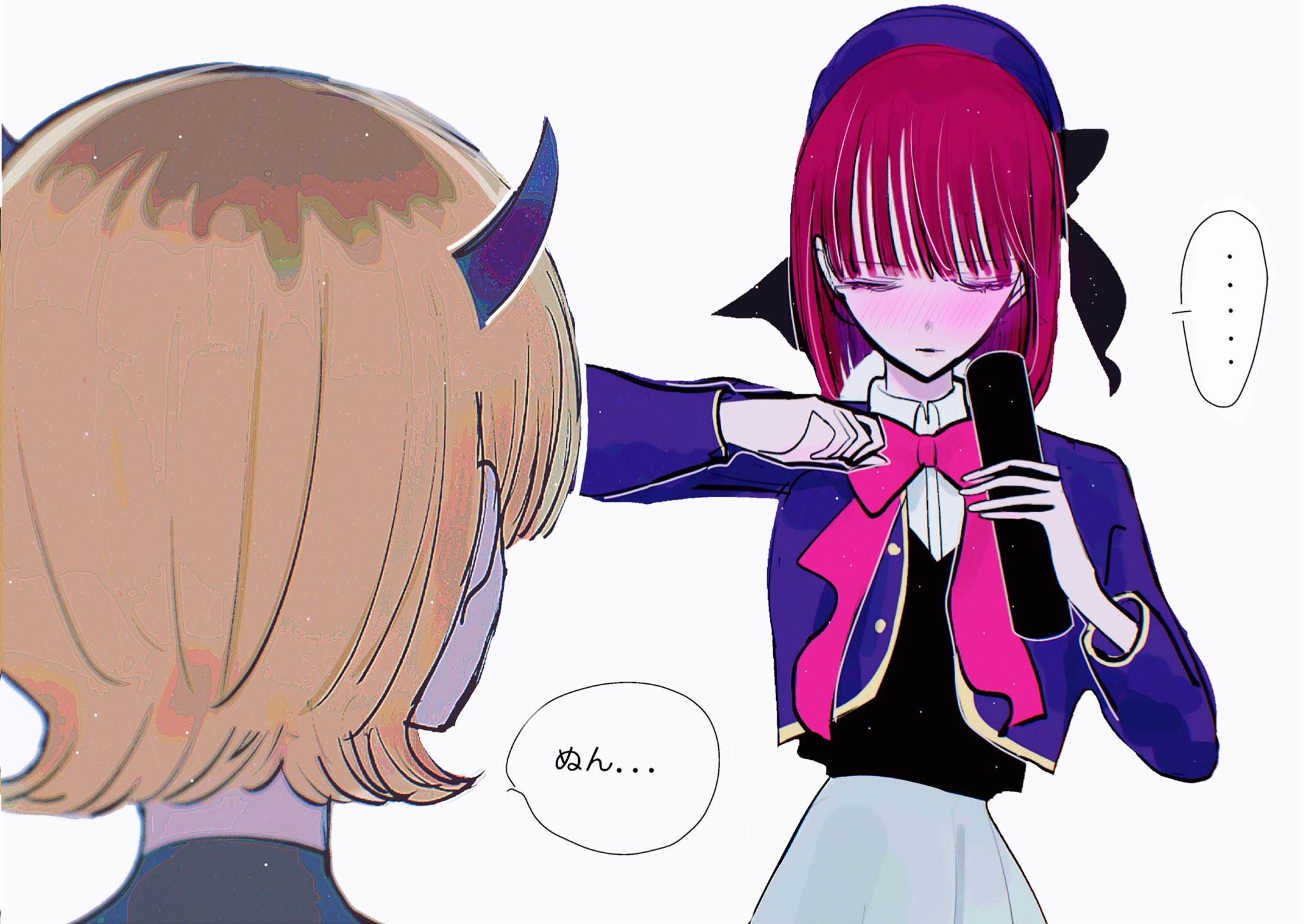 ... 2girls arima_kana blonde_hair blue_jacket blush bow bowtie closed_eyes closed_mouth collared_shirt facing_another grey_background han_megumi highres holding holding_microphone horns jacket mem-cho meme microphone monthi multicolored_hair multiple_girls open_clothes open_jacket oshi_no_ko pink_bow pink_bowtie red_hair shikairo_days_dance_(meme) shikanoko_nokonoko_koshitantan shirt short_hair simple_background skirt speech_bubble translation_request two-tone_hair voice_actor_connection white_shirt