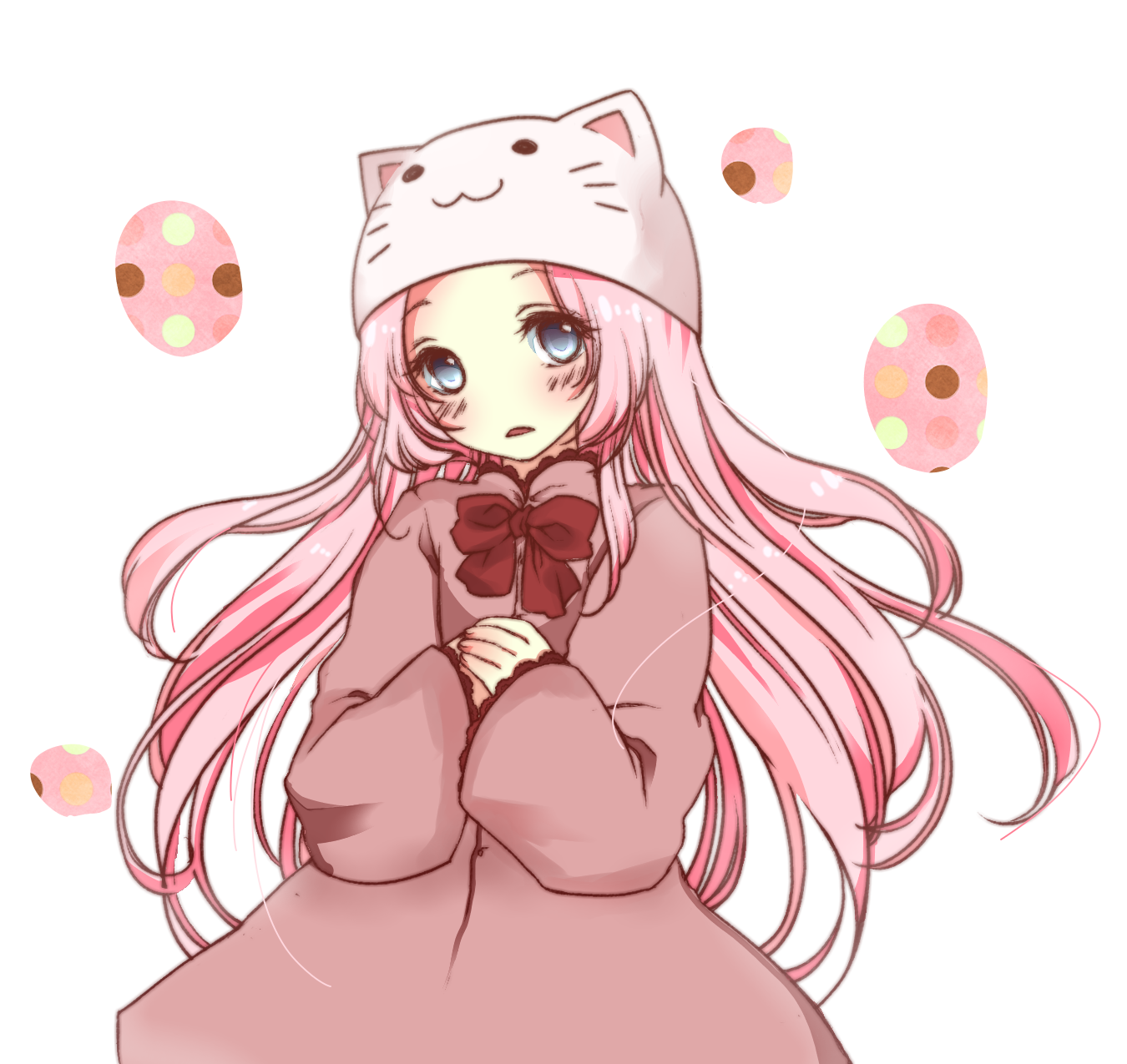 0724442054 1girl animal_hat bad_id bad_pixiv_id blue_eyes blush bow cat_hat dress female_focus hat highres long_hair megurine_luka megurine_luka_(toeto) own_hands_together pink_hair saki_hiyori solo toeto_(vocaloid) vocaloid