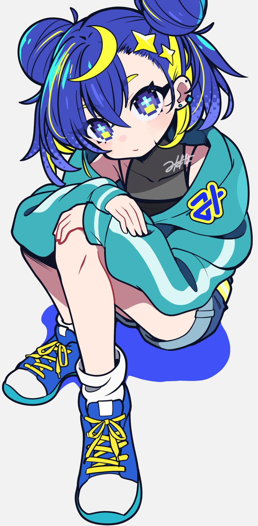 1girl aqua_jacket black_shirt blonde_hair blue_eyes blue_hair blue_shoes blue_shorts blush closed_mouth crescent crescent_hair_ornament denim denim_shorts double_bun ear_piercing earrings full_body hair_bun hair_ornament highres jacket jewelry multicolored_hair mzh open_clothes open_jacket original piercing pixel_eyes shirt shoelaces shoes short_hair shorts signature sitting sleeveless sleeveless_shirt sneakers solo star_(symbol) star_hair_ornament two-tone_hair