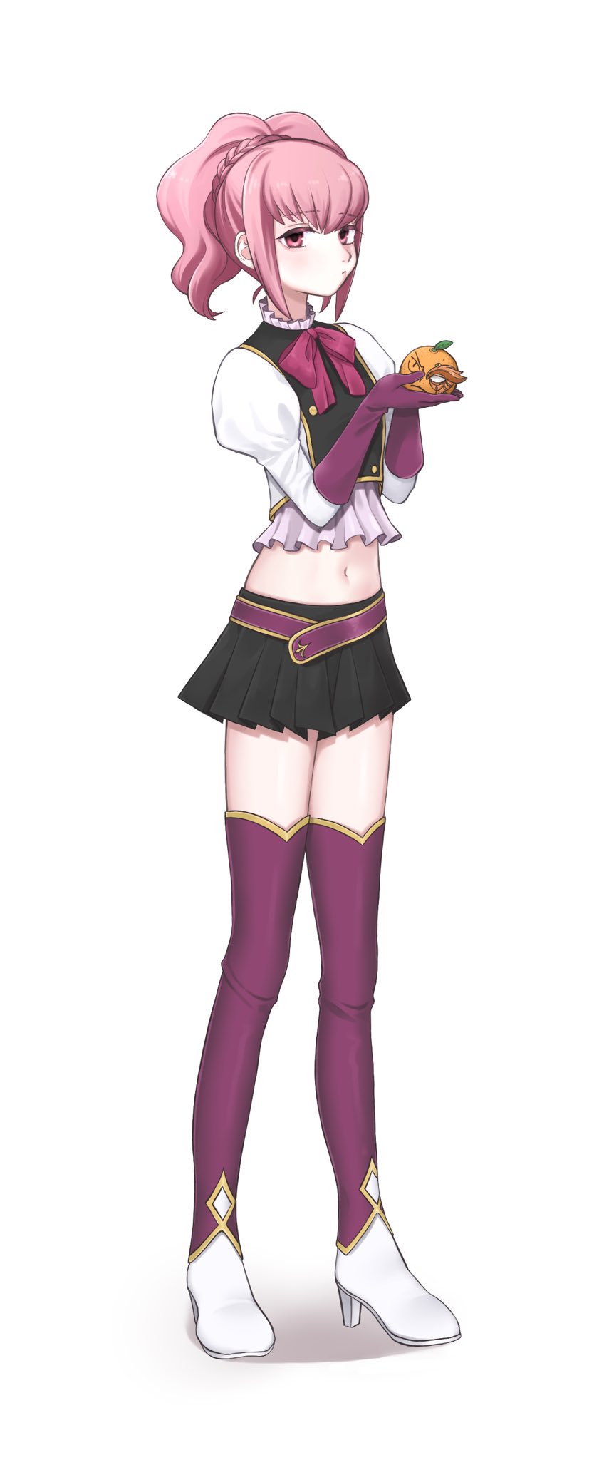 1girl alternate_costume anya_alstreim boots braid closed_mouth code_geass food fruit full_body gloves high_heel_boots high_heels highres jeremiah_gottwald long_hair looking_at_viewer midriff navel orange_(fruit) pink_eyes pink_hair simple_background skirt solo thigh_boots white_background yuuto_satosaki