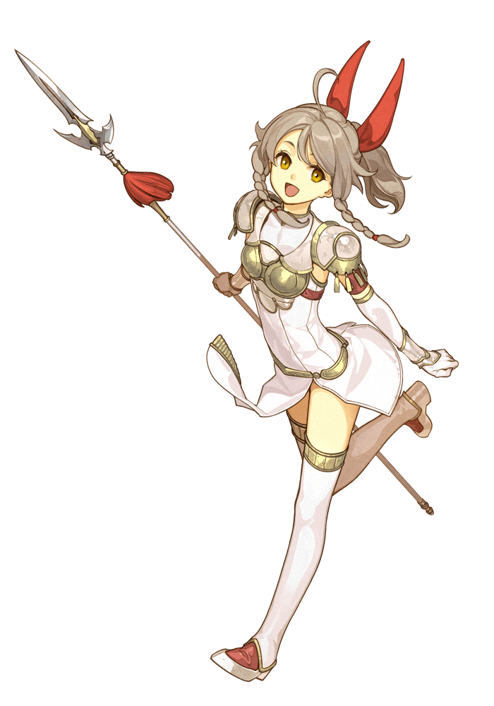 1girl armor boots bow braid breastplate brown_hair emma_(fire_emblem) female_focus fire_emblem fire_emblem_cipher fire_emblem_echoes:_shadows_of_valentia full_body gloves hidari_(left_side) long_hair nintendo official_art open_mouth polearm ponytail solo spear thighhighs transparent_background twin_braids weapon