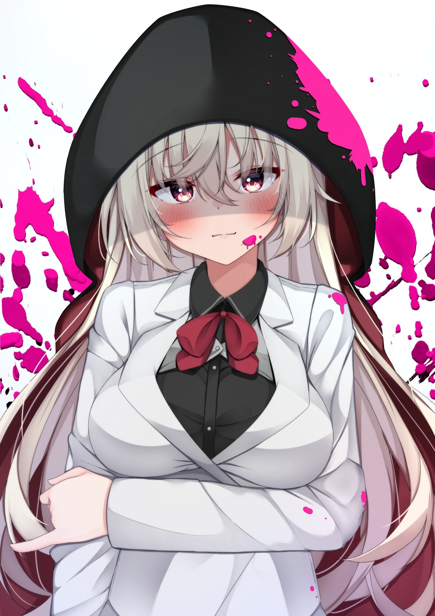 1girl akizuki_kanna arm_under_breasts black_cape black_ribbon black_shirt blood blood_on_face blush breasts cafe_stella_to_shinigami_no_chou cape closed_mouth collared_shirt commentary crossed_bangs holding_own_arm hair_spread_out highres hood hood_up jacket large_breasts long_hair looking_at_viewer pink_blood red_eyes ribbon shaded_face shinigami shirt simple_background smile solo straight-on upper_body very_long_hair white_background white_hair white_jacket yosh1na
