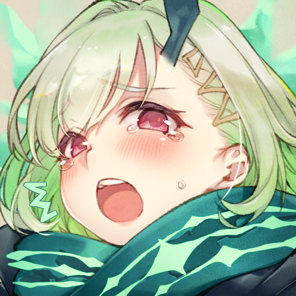 1girl :o beige_background blush crying crying_with_eyes_open green_hair hair_between_eyes hair_ornament horns little_match_girl_(sinoalice) looking_at_viewer open_mouth profile red_eyes scarf short_sleeves simple_background single_horn sinoalice solo tears teroru