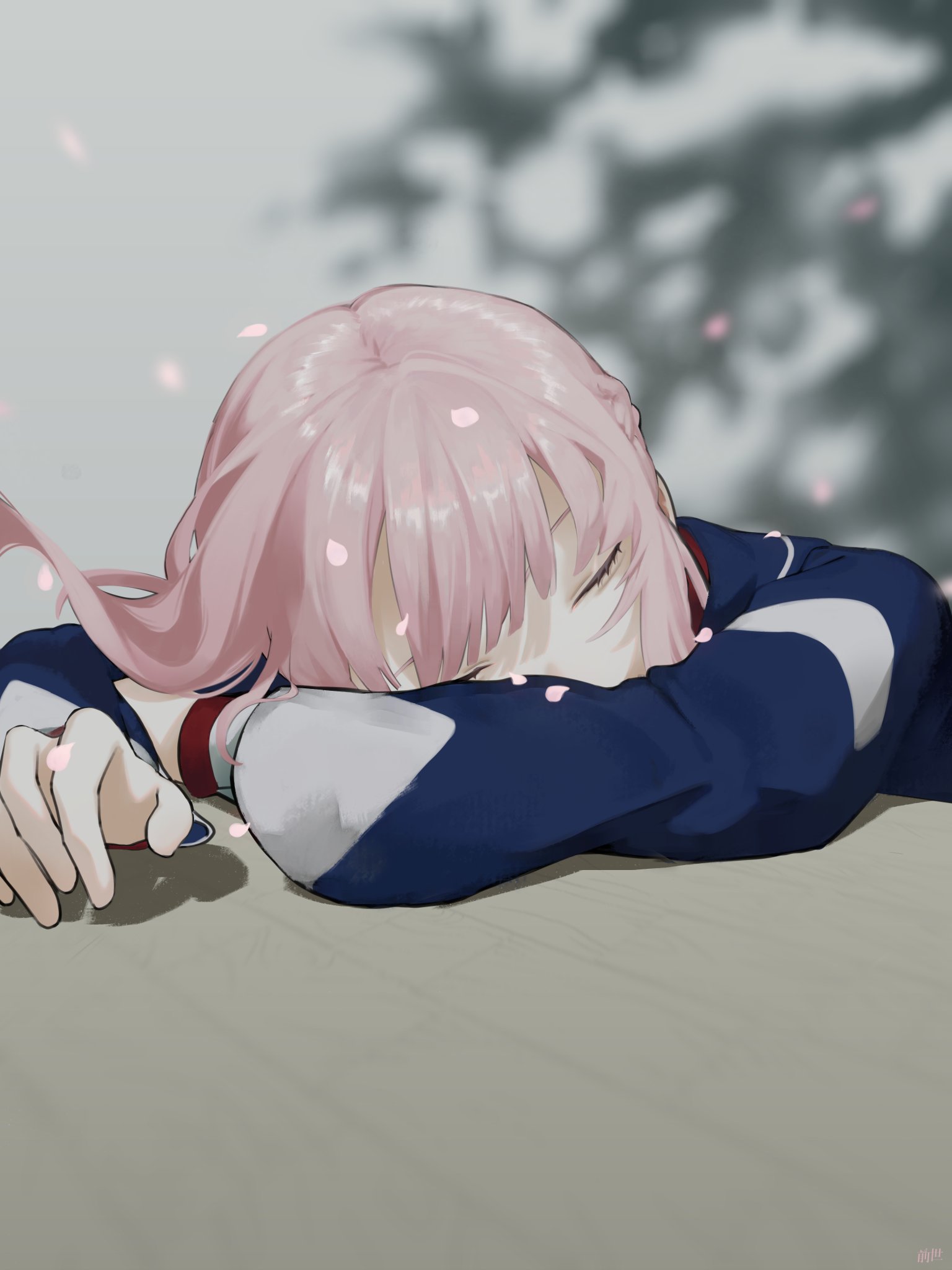 1girl arms_on_table blue_jacket blurry blurry_background cherry_blossoms closed_eyes falling_petals floating_hair head_on_table highres jacket kaf_(kamitsubaki_studio) kamitsubaki_studio ku0r00se long_hair long_sleeves petal_on_head petals pink_hair sleeping solo upper_body virtual_youtuber