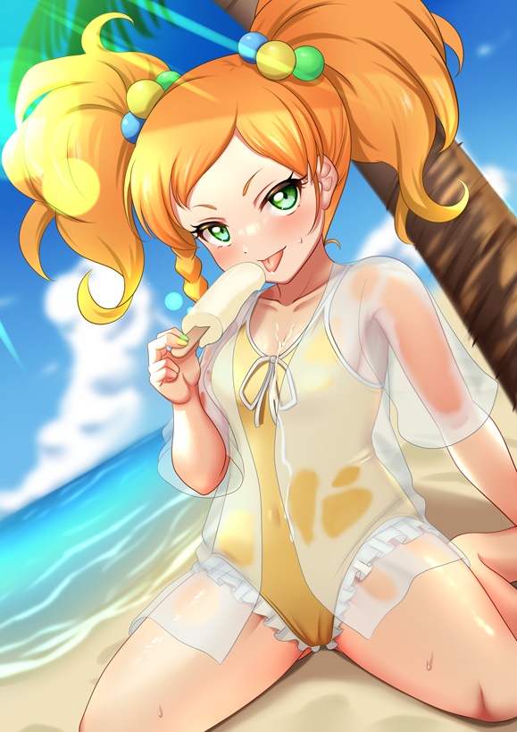 1girl aikatsu!_(series) aikatsu_stars! bare_legs blonde_hair blue_sky braid brown_hair casual_one-piece_swimsuit cloud collarbone dutch_angle food gradient_hair green_eyes hair_ornament holding holding_food long_hair looking_at_viewer multicolored_hair nikaido_yuzu ocean one-piece_swimsuit open_clothes open_shirt palm_tree popsicle ribbon rinkapix see-through_clothes see-through_shirt shirt single_braid sitting sky solo spread_legs summer sunlight swimsuit tongue tongue_out tree twintails white_shirt yellow_one-piece_swimsuit yellow_ribbon