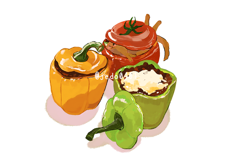 bell_pepper cat cheese food food_focus green_bell_pepper hakuchizu in_food no_humans original red_pepper simple_background twitter_username undersized_animal vegetable white_background yellow_pepper